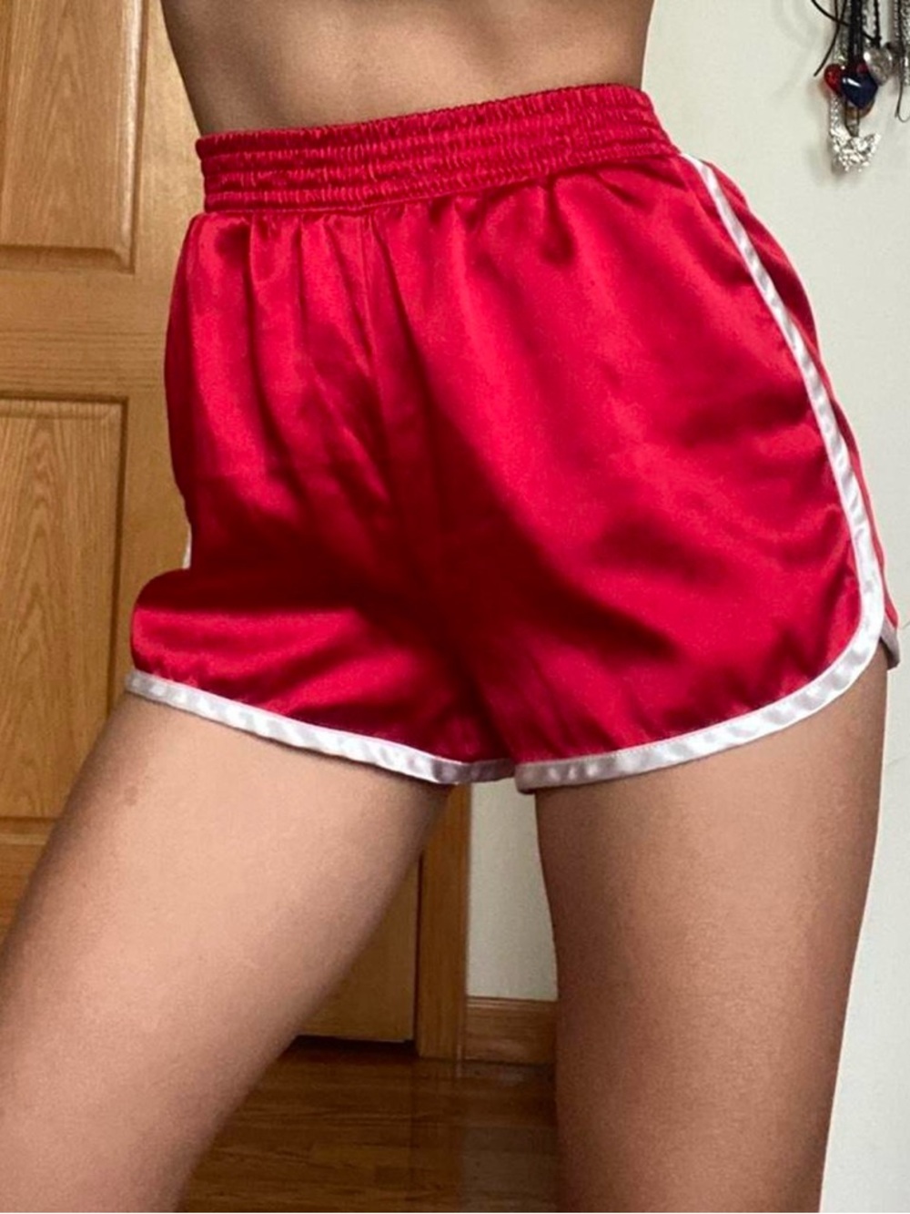 Women’s Red Satin Athletic Shorts with White Trim